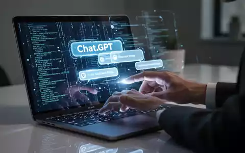 Hände interagieren mit einer leuchtenden ChatGPT-Oberfläche auf einem Mac-Laptop, digitaler Code und Chatblasen sichtbar. - Foto: über boerse-global.de