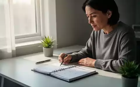 Eine Person sitzt an einem aufgeräumten Schreibtisch und schaut nachdenklich in einen Planer, mit sanftem Licht und einer Pflanze. - Foto: über boerse-global.de