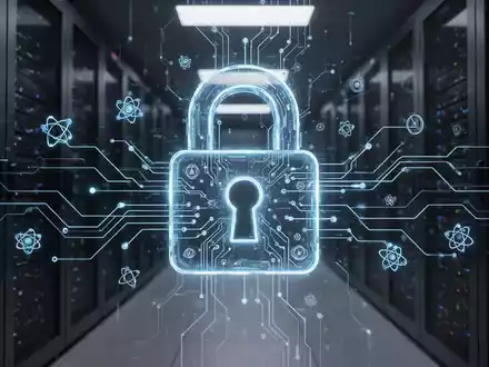 Leuchtendes Vorhängeschloss-Symbol mit digitalen Schaltkreisen und Quantencomputing-Symbolen vor dunklem Rechenzentrum-Hintergrund. - Foto: über boerse-global.de