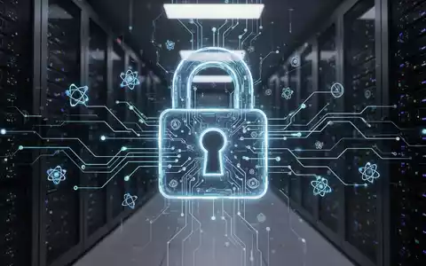 Leuchtendes Vorhängeschloss-Symbol mit digitalen Schaltkreisen und Quantencomputing-Symbolen vor dunklem Rechenzentrum-Hintergrund. - Foto: über boerse-global.de