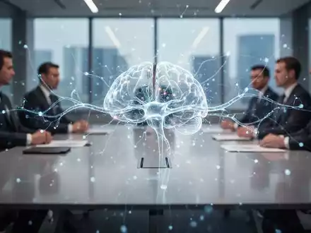 Eine abstrakte KI-Visualisierung über einem modernen Konferenztisch mit verschwommenen Führungskräften, die die Integration von KI in die Unternehmensführung symbolisiert. - Foto: über boerse-global.de