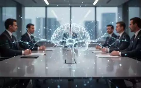 Eine abstrakte KI-Visualisierung über einem modernen Konferenztisch mit verschwommenen Führungskräften, die die Integration von KI in die Unternehmensführung symbolisiert. - Foto: über boerse-global.de