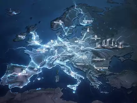 Eine stilisierte Darstellung eines leuchtenden elektrischen Stroms, der durch eine Europakarte fließt und Städte verbindet. - Foto: über boerse-global.de