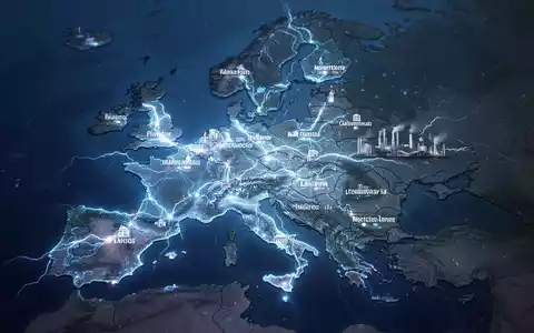 Eine stilisierte Darstellung eines leuchtenden elektrischen Stroms, der durch eine Europakarte fließt und Städte verbindet. - Foto: über boerse-global.de