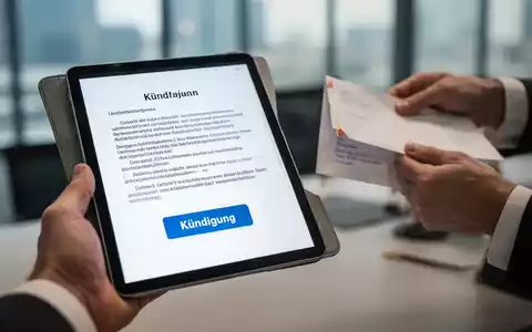 Eine Hand hält ein Tablet mit einem digitalen Kündigungsformular, während eine andere Hand einen Briefumschlag hält, der die Zustellung symbolisiert. - Foto: über boerse-global.de