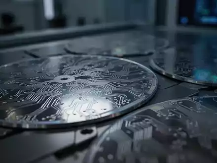 Nahaufnahme von Siliziumwafern mit komplexen Schaltkreisen, die eine gedämpfte Beleuchtung reflektieren, vor einem unscharfen High-Tech-Hintergrund. - Foto: über boerse-global.de