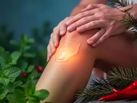 Eine Hand trägt ein transparentes Gel auf ein Knie auf, umgeben von Pfefferminzblättern, Fichtennadeln und roten Chilischoten. - Foto: über boerse-global.de