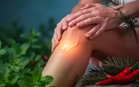 Eine Hand trägt ein transparentes Gel auf ein Knie auf, umgeben von Pfefferminzblättern, Fichtennadeln und roten Chilischoten. - Foto: über boerse-global.de