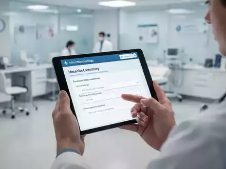 Junge Hände halten ein Tablet mit einem medizinischen Fragebogen, im Hintergrund eine verschwommene Arztpraxis. - Foto: über boerse-global.de