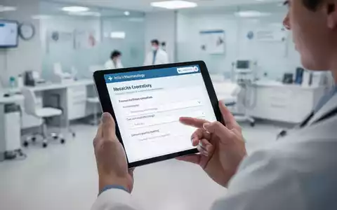 Junge Hände halten ein Tablet mit einem medizinischen Fragebogen, im Hintergrund eine verschwommene Arztpraxis. - Foto: über boerse-global.de