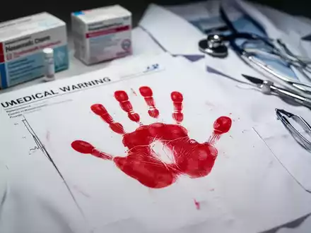 Ein roter Handabdruck auf einem weißen Laborkittel oder Dokument, mit unscharfen Medikamentenverpackungen und Instrumenten im Hintergrund. - Foto: über boerse-global.de