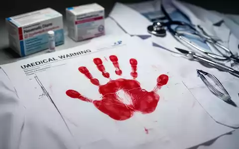 Ein roter Handabdruck auf einem weißen Laborkittel oder Dokument, mit unscharfen Medikamentenverpackungen und Instrumenten im Hintergrund. - Foto: über boerse-global.de