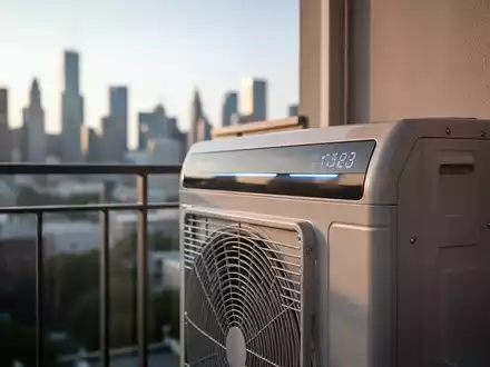 Nahaufnahme einer modernen Split-Klimaanlage auf einem Balkon mit unscharfer Stadtkulisse im Hintergrund. - Foto: über boerse-global.de