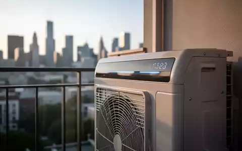 Nahaufnahme einer modernen Split-Klimaanlage auf einem Balkon mit unscharfer Stadtkulisse im Hintergrund. - Foto: über boerse-global.de