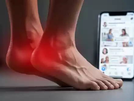 Ein bloßer Fuß mit einem leichten roten Schimmer an der Ferse, der Schmerz symbolisiert, und ein unscharfer Smartphone-Bildschirm im Hintergrund. - Foto: über boerse-global.de