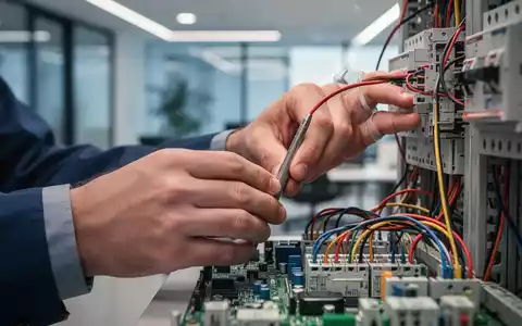Hände prüfen elektrische Kabel in einem modernen Büro, symbolisieren Sicherheitsprüfung und Bürokratieabbau. - Foto: über boerse-global.de