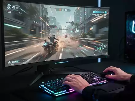 Gamer-Hände auf einer RGB-Tastatur und Maus, fokussiert auf einen Hochfrequenz-Monitor mit einem schnellen Spiel. - Foto: über boerse-global.de