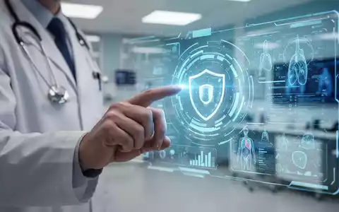 Eine Hand eines Arztes interagiert mit einer futuristischen digitalen Schnittstelle, die medizinische Daten anzeigt, im Hintergrund eine moderne Klinik. - Foto: über boerse-global.de