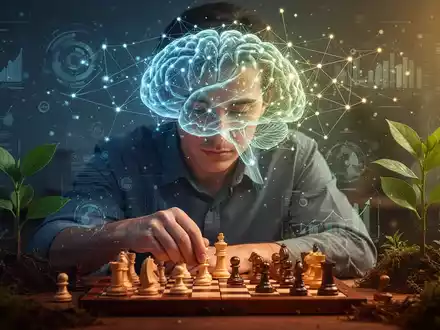 Ein stilisiertes, leuchtendes Gehirnnetzwerk über einem fokussierten Individuum, das eine komplexe kognitive Aufgabe löst, umgeben von digitalen Elementen. - Foto: über boerse-global.de