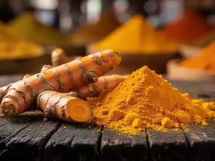 Nahaufnahme von leuchtend gelber Kurkumawurzel und gemahlenem Kurkumapulver auf einer dunklen Holzoberfläche. - Foto: über boerse-global.de