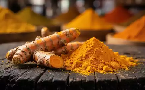 Nahaufnahme von leuchtend gelber Kurkumawurzel und gemahlenem Kurkumapulver auf einer dunklen Holzoberfläche. - Foto: über boerse-global.de