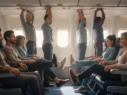 Reisende dehnen sich und bewegen die Beine in einem Flugzeug, um Thrombosen vorzubeugen. - Foto: über boerse-global.de