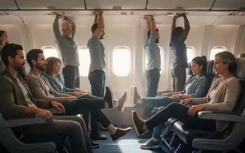 Reisende dehnen sich und bewegen die Beine in einem Flugzeug, um Thrombosen vorzubeugen. - Foto: über boerse-global.de