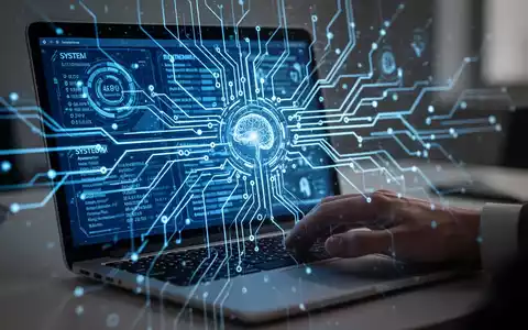 Ein leuchtend blaues neuronales Netzwerk überlagert einen Laptop-Bildschirm mit Systemdiagnosen, eine menschliche Hand auf der Tastatur. - Foto: über boerse-global.de