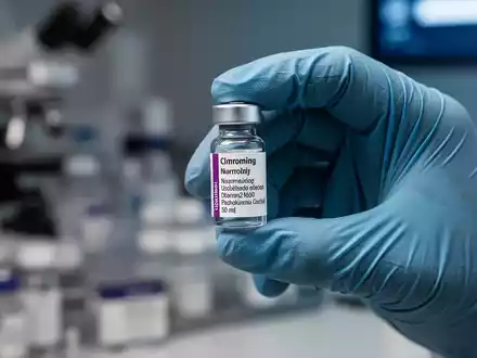 Eine behandschuhte Hand hält vorsichtig ein kleines, beschriftetes Medikamentenfläschchen, mit unscharfem Laborhintergrund. - Foto: über boerse-global.de