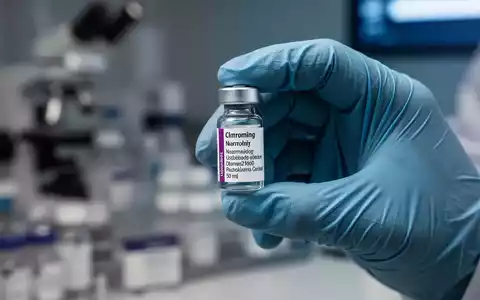 Eine behandschuhte Hand hĂ€lt vorsichtig ein kleines, beschriftetes MedikamentenflĂ€schchen, mit unscharfem Laborhintergrund. - Foto: ĂŒber boerse-global.de