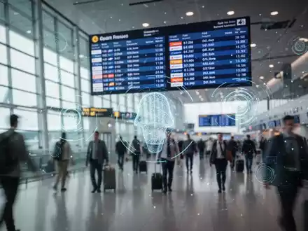 Ein modernes Flughafenterminal mit verschwommenen Reisenden und einer digitalen Anzeigetafel, die Flugdaten zeigt, überlagert mit Datenvisualisierungen. - Foto: über boerse-global.de