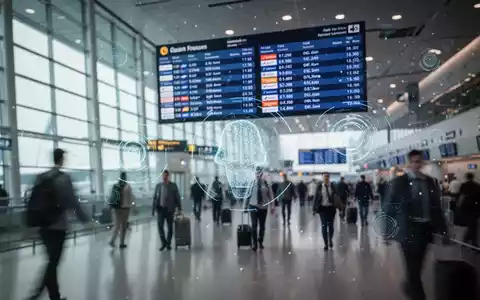 Ein modernes Flughafenterminal mit verschwommenen Reisenden und einer digitalen Anzeigetafel, die Flugdaten zeigt, überlagert mit Datenvisualisierungen. - Foto: über boerse-global.de