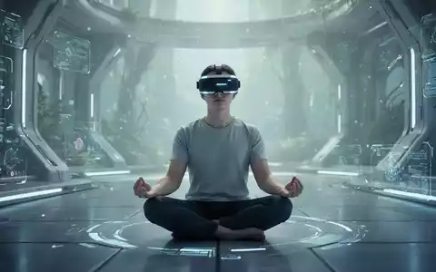 Eine Person meditiert mit einer VR-Brille in einer ruhigen, futuristischen Umgebung mit sanftem Licht und digitalen Elementen. - Foto: über boerse-global.de