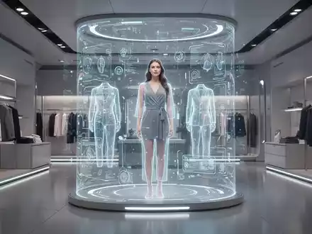 Eine Frau interagiert mit einem holografischen Display in einem modernen Einzelhandelsgeschäft und probiert mithilfe von KI-Technologie virtuell Kleidung an. - Foto: über boerse-global.de