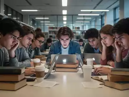 Eine Gruppe gestresster Studierender lernt in einer modernen Bibliothek, umgeben von Büchern und Laptops, was den Leistungsdruck verdeutlicht. - Foto: über boerse-global.de