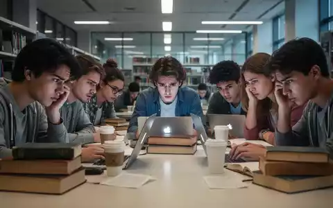 Eine Gruppe gestresster Studierender lernt in einer modernen Bibliothek, umgeben von Büchern und Laptops, was den Leistungsdruck verdeutlicht. - Foto: über boerse-global.de