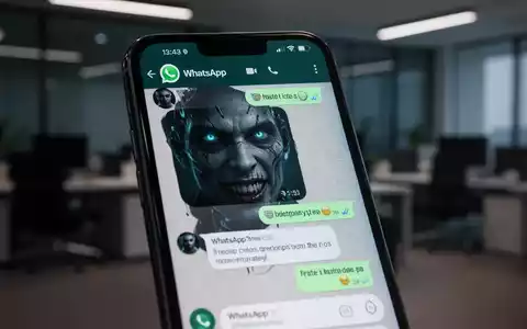 Ein Smartphone-Bildschirm zeigt einen WhatsApp-Chat mit einem verschwommenen, KI-generierten Gesicht im Profilbild, in einem dunklen Büro. - Foto: über boerse-global.de