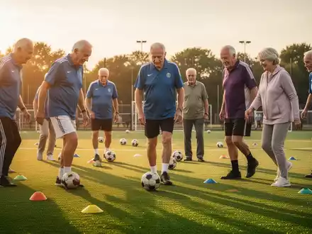Ältere Männer und Frauen spielen Walking Football auf einem grünen Rasenfeld bei Sonnenuntergang. - Foto: über boerse-global.de