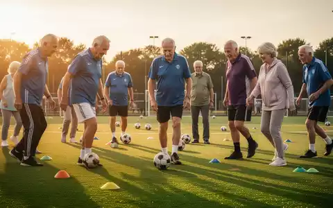 Ältere Männer und Frauen spielen Walking Football auf einem grünen Rasenfeld bei Sonnenuntergang. - Foto: über boerse-global.de
