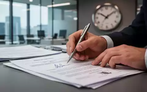 Nahaufnahme von Händen, die einen Arbeitsvertrag unterschreiben, mit einem Stift und unscharfem Hintergrund eines Büros und einer Uhr. - Foto: über boerse-global.de