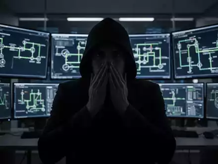 Eine Person im Schatten, die den Mund bedeckt, vor Bildschirmen mit Stromnetz-Schemata, symbolisiert Whistleblowing und Geheimhaltung. - Foto: über boerse-global.de
