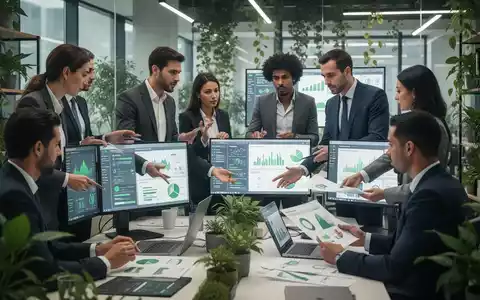 Geschäftsleute diskutieren Nachhaltigkeitsberichte in einem modernen Büro mit Bildschirmen und grünen Pflanzen. Fokus auf ESG-Daten und Analyse. - Foto: über boerse-global.de
