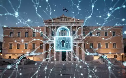 Eine futuristische Darstellung des griechischen Parlamentsgebäudes mit einem digitalen Vorhängeschloss und einem neuronalen Netzwerk-Overlay. - Foto: über boerse-global.de