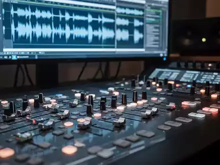 Nahaufnahme eines professionellen digitalen Audiomischpults mit beleuchteten Reglern und einem Bildschirm mit Audiowellenformen. - Foto: über boerse-global.de