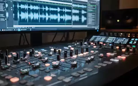 Nahaufnahme eines professionellen digitalen Audiomischpults mit beleuchteten Reglern und einem Bildschirm mit Audiowellenformen. - Foto: über boerse-global.de