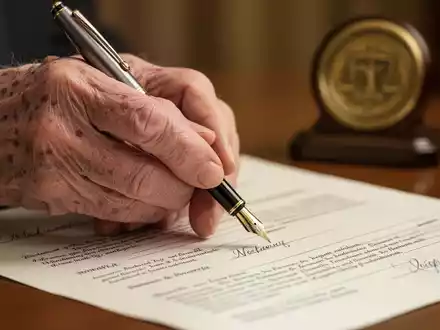 Eine Nahaufnahme einer älteren Hand, die einen Füllfederhalter über ein juristisches Dokument hält, mit einem verschwommenen Notarsiegel im Hintergrund. - Foto: über boerse-global.de