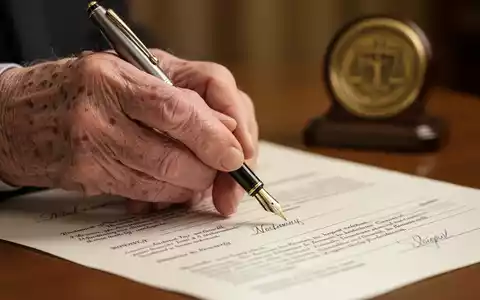 Eine Nahaufnahme einer älteren Hand, die einen Füllfederhalter über ein juristisches Dokument hält, mit einem verschwommenen Notarsiegel im Hintergrund. - Foto: über boerse-global.de