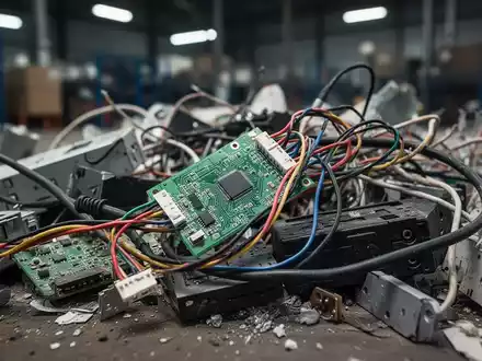 Nahaufnahme von Elektroschrott und Kabeln auf einem unscharfen industriellen Hintergrund, der Recycling und Abfallmanagement symbolisiert. - Foto: über boerse-global.de