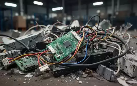 Nahaufnahme von Elektroschrott und Kabeln auf einem unscharfen industriellen Hintergrund, der Recycling und Abfallmanagement symbolisiert. - Foto: über boerse-global.de