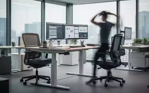 Ein ergonomischer Bürorbeitsplatz mit höhenverstellbarem Schreibtisch und Bürostuhl, bei dem eine Person steht oder sich streckt. - Foto: über boerse-global.de
